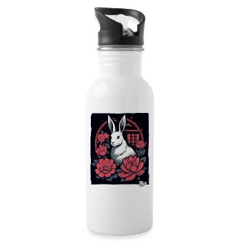 Asiatische Rosen und ein Weißes Häschen - Trinkflasche mit integriertem Trinkhalm - Weiß - Rechts