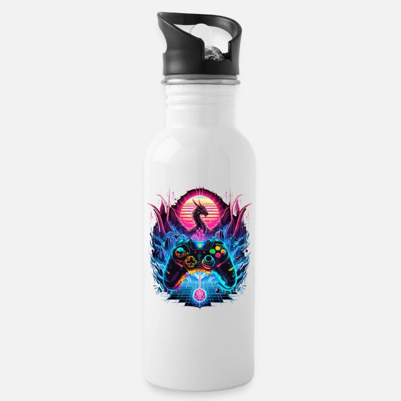 Synthwave Dragon Gaming Fantasie - Trinkflasche mit integriertem Trinkhalm - Weiß