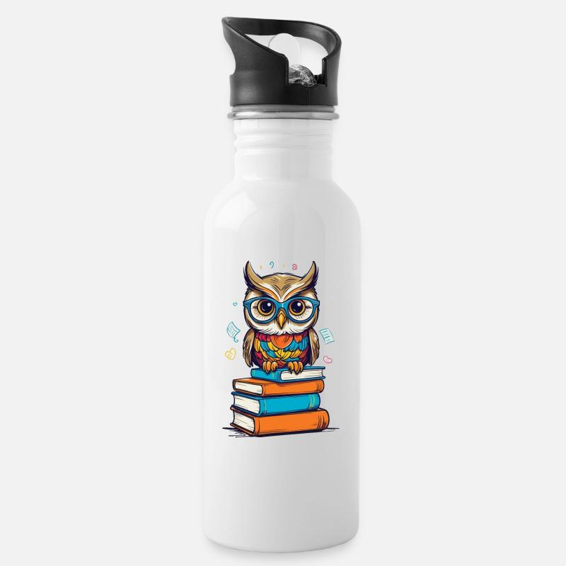 Bücher Eule Eulen Liebhaber Süße Buch Illustration - Trinkflasche mit integriertem Trinkhalm - Weiß