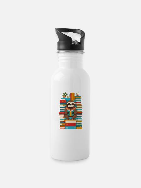 Lustiges Buchliebhaber Faultier Illustration - Trinkflasche mit integriertem Trinkhalm - Weiß