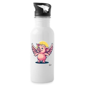 pink rosa Engel-Schwein mit Flügeln - Trinkflasche mit integriertem Trinkhalm - Weiß - Rechts