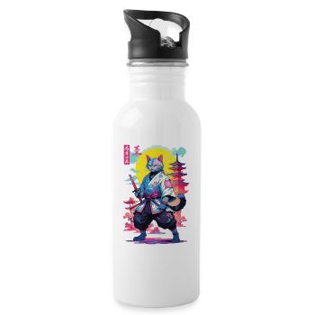 Samurai Katze Vaporwave Aesthetic Design - Trinkflasche mit integriertem Trinkhalm - Weiß - Rechts