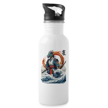 Dragon Samurai & Vintage Ukiyo-e Style Artwork - Water bottle with straw - white - Right