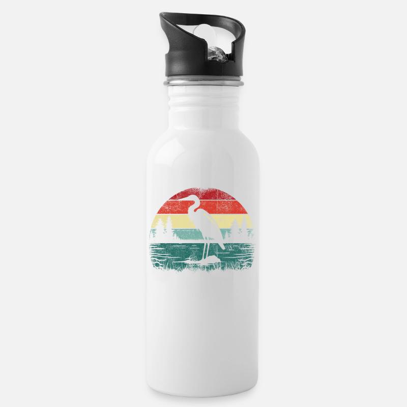Retro Reiher - Trinkflasche mit integriertem Trinkhalm - Weiß
