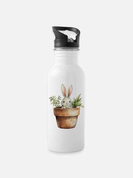 Rabbit in a flower pot - for the rabbit class - Water bottle with straw - white