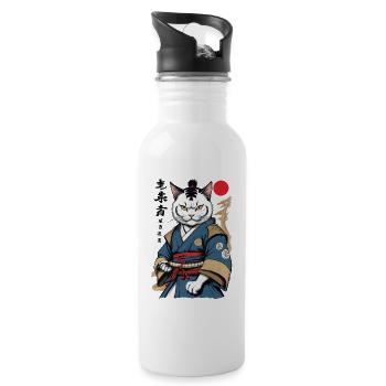 Samurai Cat Vintage Ukiyo-E Aesthetic Japan - Water bottle with straw - white - Right