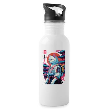 Samurai Katze Vaporwave Aesthetic Japan Kunst - Trinkflasche mit integriertem Trinkhalm - Weiß - Rechts