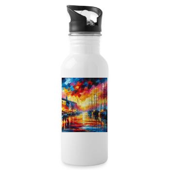 Lebendiger Hafensonnenuntergang mit Booten und Farben - Trinkflasche mit integriertem Trinkhalm - Weiß - Rechts
