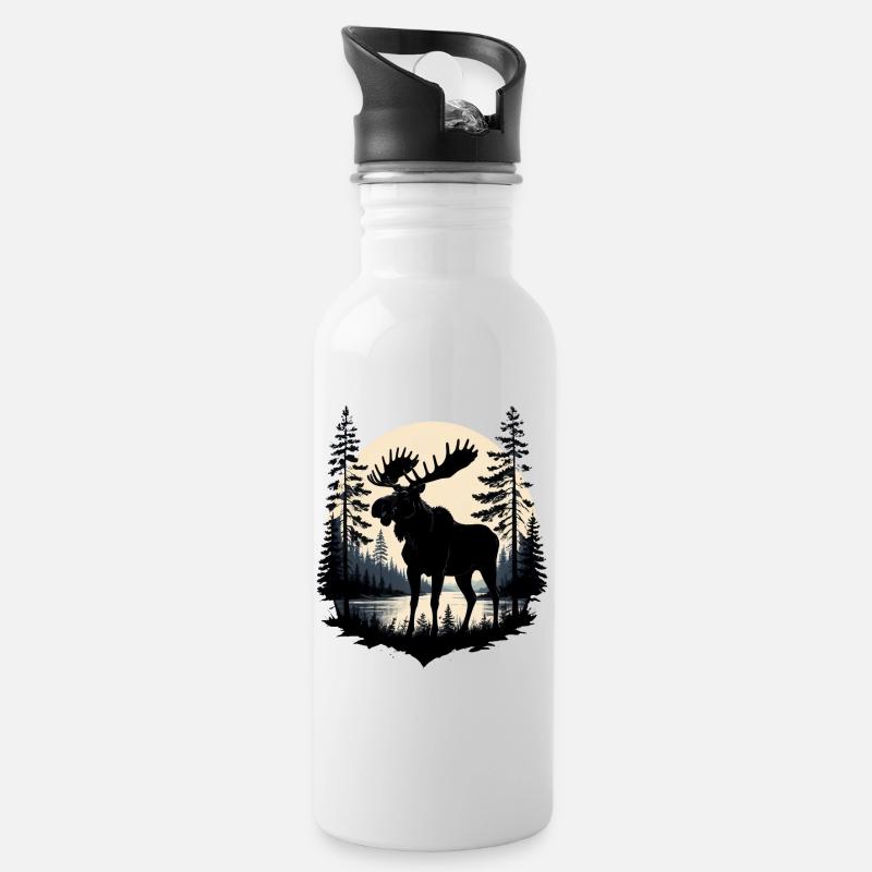 Orignal avec des bois au bord du lac au clair de lune Scandinavie - Gourde avec paille intégrée - blanc