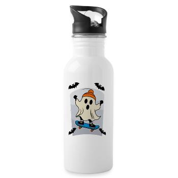 Skateboarding Ghost Funny Halloween Design - Water bottle with straw - white - Right
