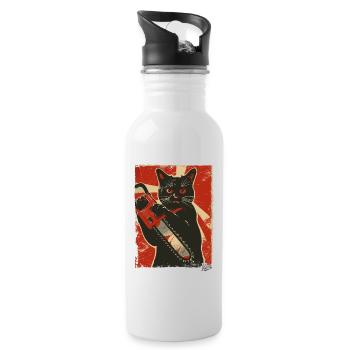 Vintage Lustige Katze mit Kettensäge - Trinkflasche mit integriertem Trinkhalm - Weiß - Rechts