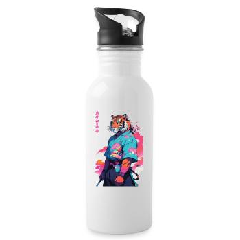 Tiger Yokai Vaporwave Aesthetic Samurai Art - Water bottle with straw - white - Right