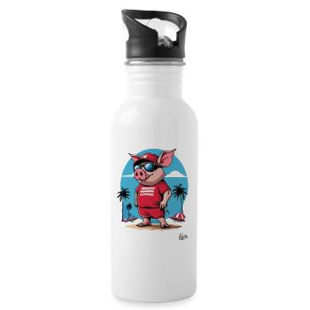 Strand, Palmen, Boote und Schwein macht Urlaub - Trinkflasche mit integriertem Trinkhalm - Weiß - Rechts
