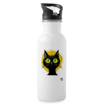 Green Eyes: Retro Cartoon Cat - Water bottle with straw - white - Right