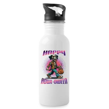 Happy Howl-oween Lustiger Halloween Hunde Spruch - Trinkflasche mit integriertem Trinkhalm - Weiß - Rechts