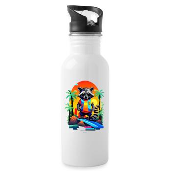 Retro raccoon in tropical sunset - Water bottle with straw - white - Right
