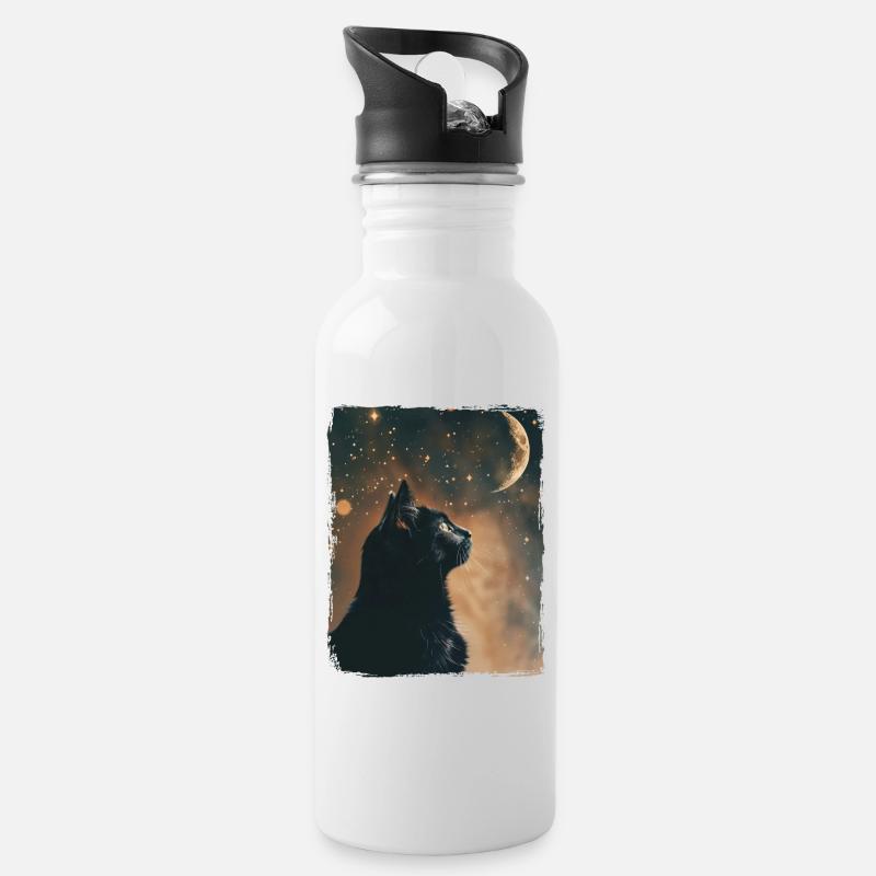 Schwarze Katze Tier Sterne Vollmond Nacht Sternenhimmel - Trinkflasche mit integriertem Trinkhalm - Weiß