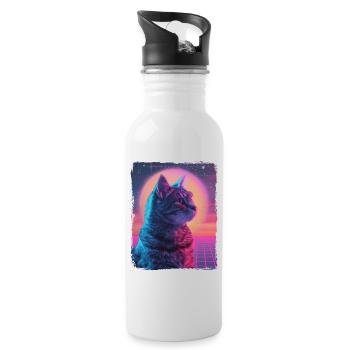 Lustige süße Retro Katze Tier 80er Jahre Neon Sonne fette Katze - Trinkflasche mit integriertem Trinkhalm - Weiß - Rechts