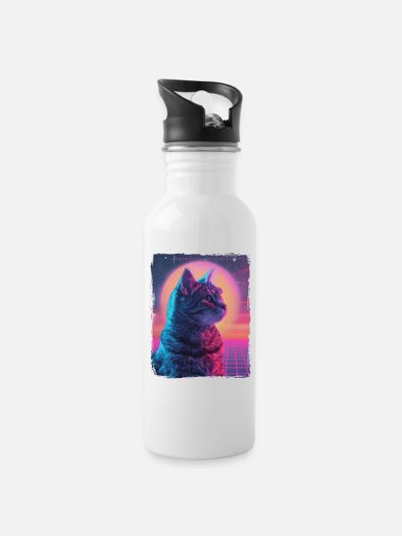 Funny Cute Retro Cat Animal 80s Neon Sun Fat Cat - Water bottle with straw - white