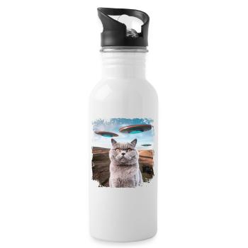 Funny British Shorthair Cat selfie with Alien UFOs - Water bottle with straw - white - Right