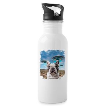 French Bulldog Dog Selfie with Alien UFOs. - Water bottle with straw - white - Right