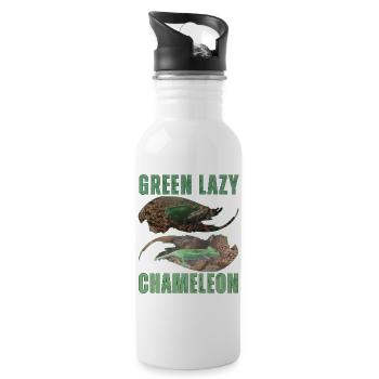 Green Lazy Chameleon T-Shirt Design - Water bottle with straw - white - Right