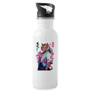 Tiger Yokai Vaporwave Aesthetic Samurai Art - Water bottle with straw - white - Right