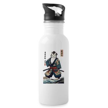 Samurai Cat Vintage Ukiyo-E Japanese - Water bottle with straw - white - Right