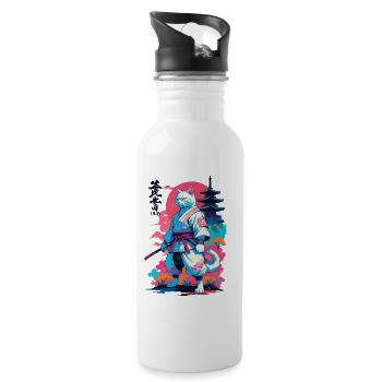 Samurai Cat Vaporwave Aesthetic Japan Art - Water bottle with straw - white - Right