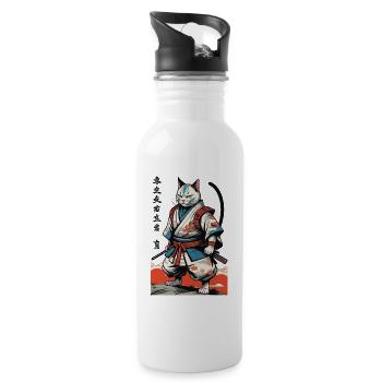 Samurai Cat Vintage Ukiyo-E Japanese - Water bottle with straw - white - Right