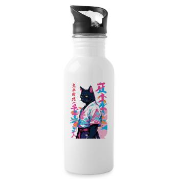 Samurai Cat Vaporwave Aesthetic Samurai Art - Water bottle with straw - white - Right