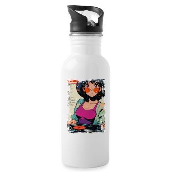 Anime DJ Mädchen mit Schallplatte - Trinkflasche mit integriertem Trinkhalm - Weiß - Rechts