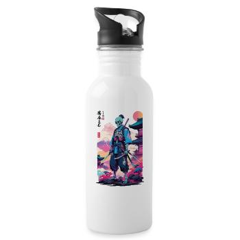 Oni Skeleton Samurai & Vaporwave Aesthetic Design - Water bottle with straw - white - Right