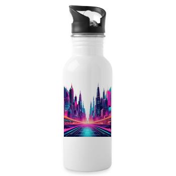 Neon Futuristic Cityscape – Sci-Fi Cyberpunk Art - Water bottle with straw - white - Right