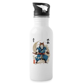 Samurai Cat Vintage Ukiyo-E Japanese - Water bottle with straw - white - Right