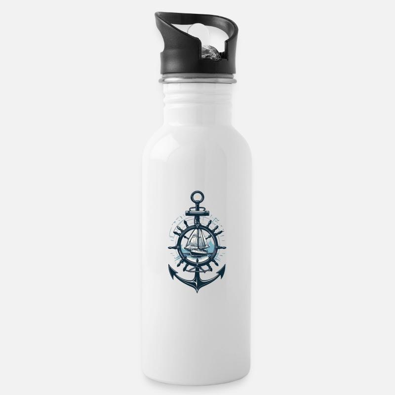 Maritimes Abenteuer Segelboot Anker - Trinkflasche mit integriertem Trinkhalm - Weiß