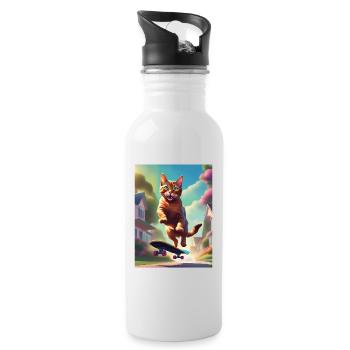 Katze Skateboaring - Trinkflasche mit integriertem Trinkhalm - Weiß - Rechts