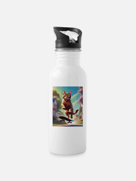 Katze Skateboaring - Trinkflasche mit integriertem Trinkhalm - Weiß