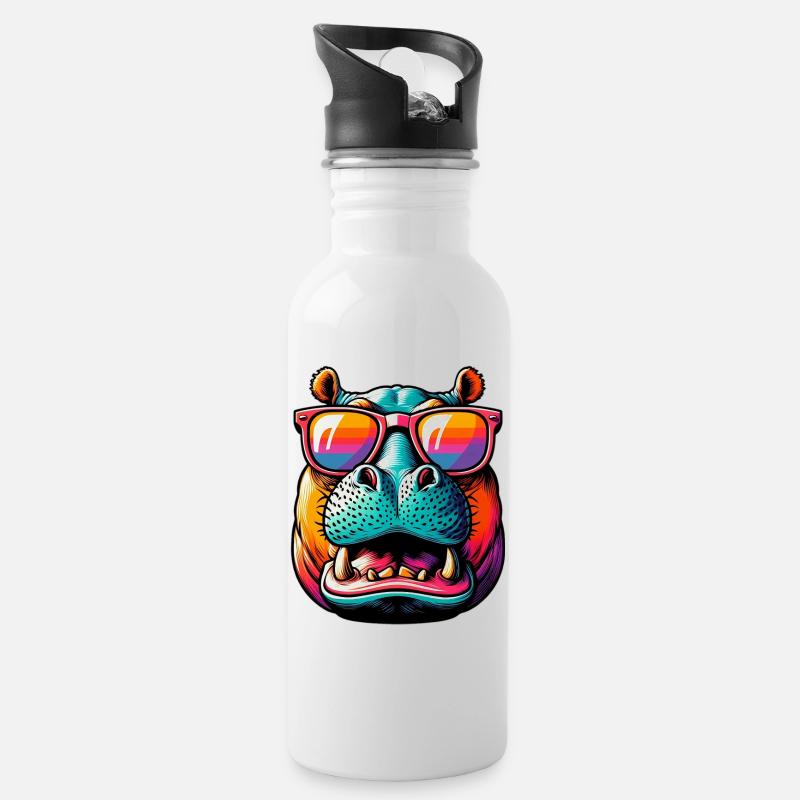 Nilpferd - Trinkflasche mit integriertem Trinkhalm - Weiß