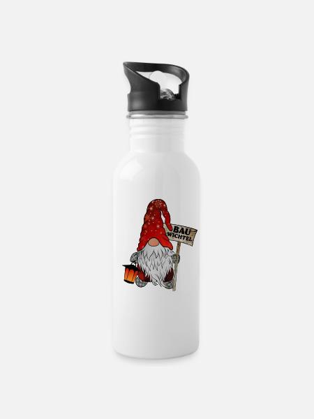 Bau Wichtel – Bauarbeiter Gnome - Trinkflasche mit integriertem Trinkhalm - Weiß