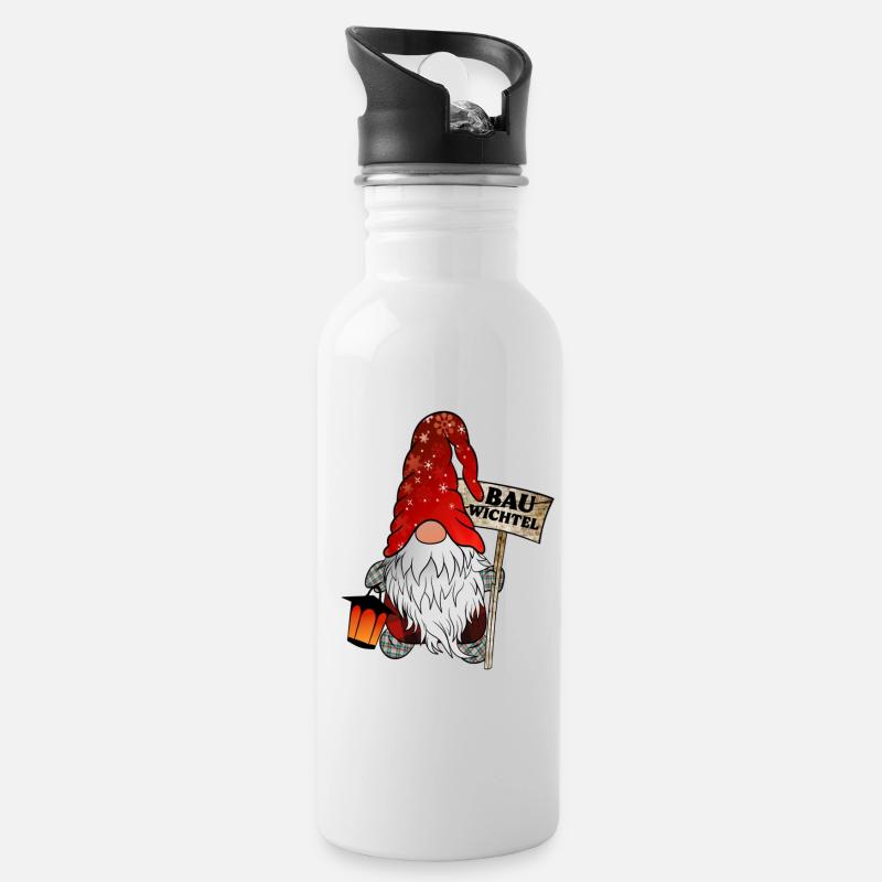 Bau Wichtel – Bauarbeiter Gnome - Trinkflasche mit integriertem Trinkhalm - Weiß