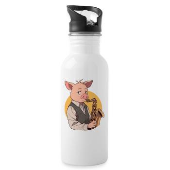 Saxophon Spieler Schwein - Trinkflasche mit integriertem Trinkhalm - Weiß - Rechts