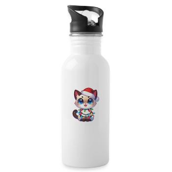 Christmas Hat Christmas Fairy Lights Siamese Cat - Water bottle with straw - white - Right
