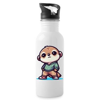 Cute Cartoon Otter in Casual Outfit - Water bottle with straw - white - Right