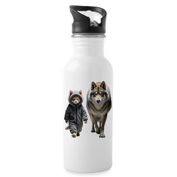 Katze und Wolf gehen zusammen - Trinkflasche mit integriertem Trinkhalm - Weiß - Rechts