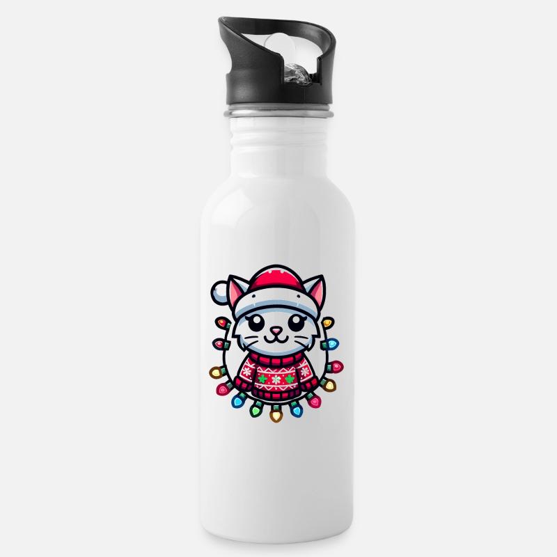 Weihnachtliche Katze Mit Lichterkette - Trinkflasche mit integriertem Trinkhalm - Weiß