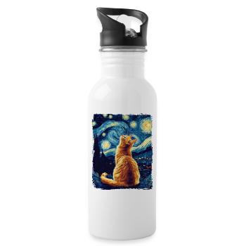 Orange Cat Animal Starry Night Painting Van Gogh - Water bottle with straw - white - Right