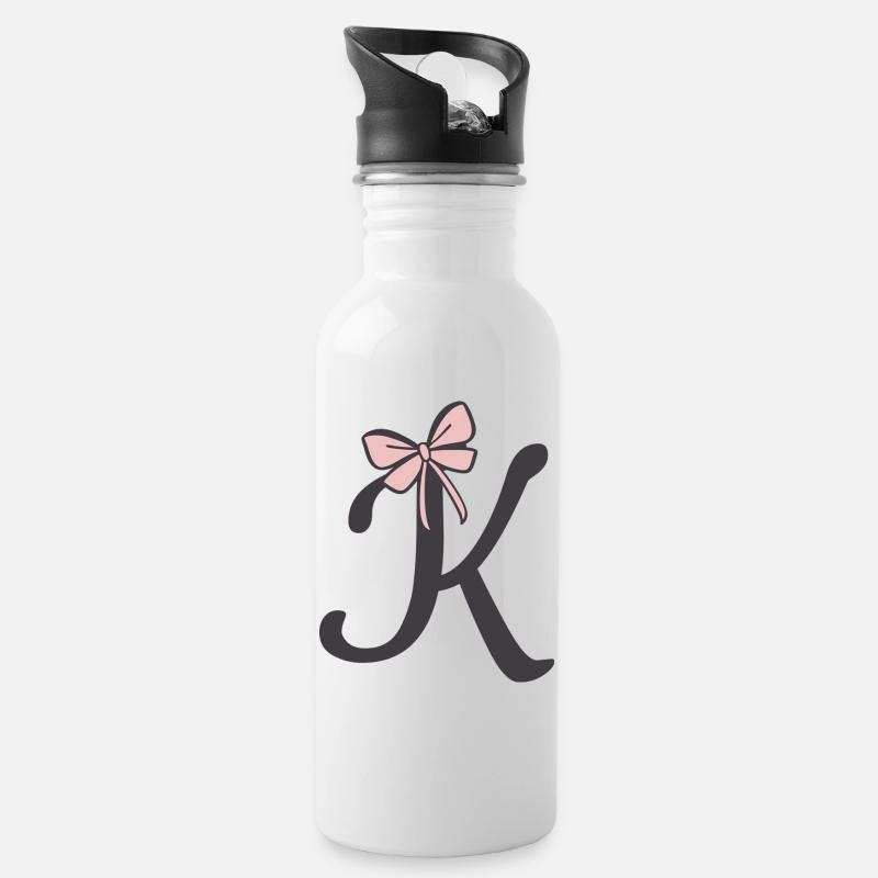 Anfangsbuchstabe K Schleifchen - Trinkflasche mit integriertem Trinkhalm - Weiß