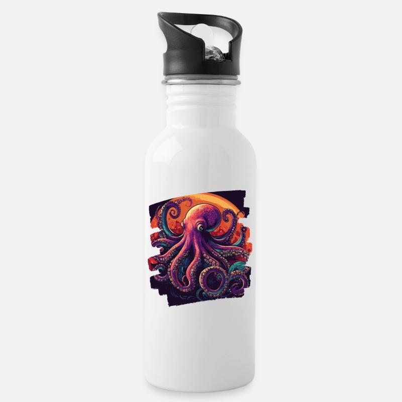 Kraken Oktopus - Trinkflasche mit integriertem Trinkhalm - Weiß