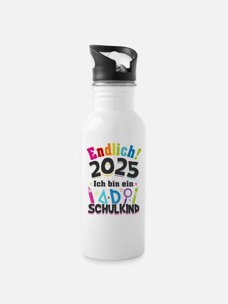 Schulkind 2025 Erstklässler Einschulung Geschenk - Trinkflasche mit integriertem Trinkhalm - Weiß